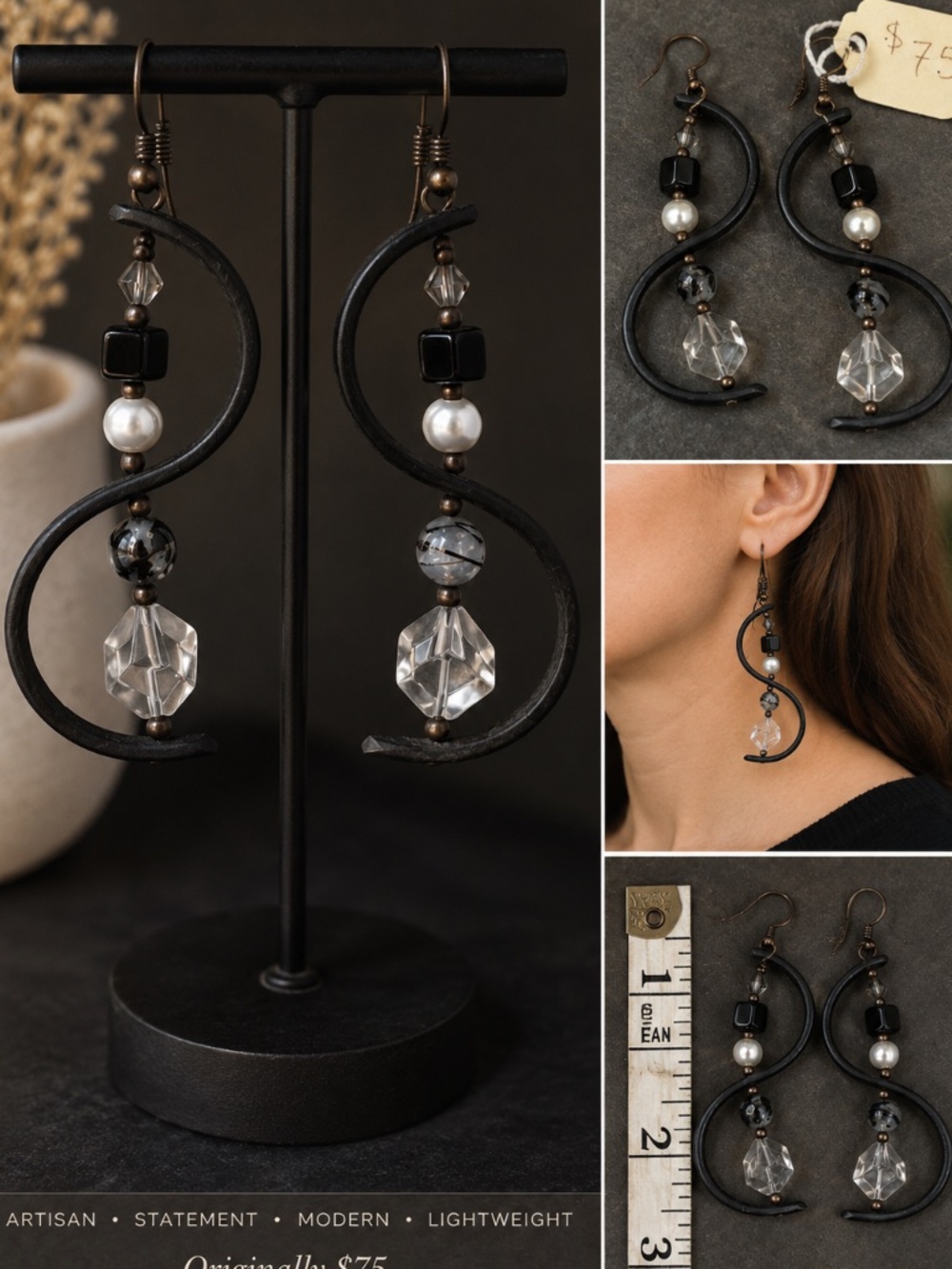 Boutique Artisan Abstract Statement Earrings | Black & Crystal | Orig. $75